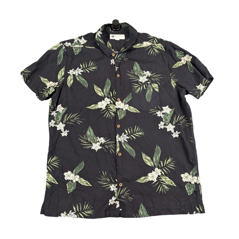 Aeropostale Mens XL Black Tropical Floral Palm Viscose Short Sleeve Button Shirt